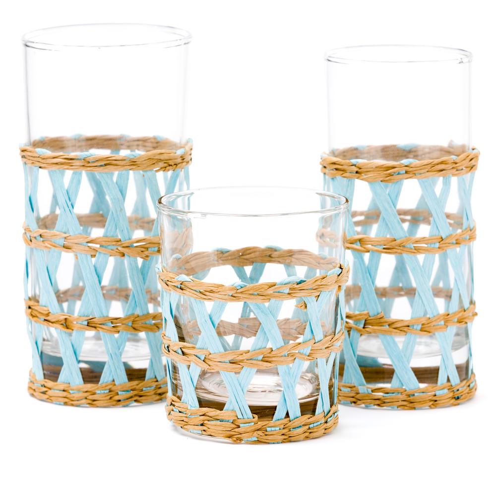 light blue island wrapped raffia glassware